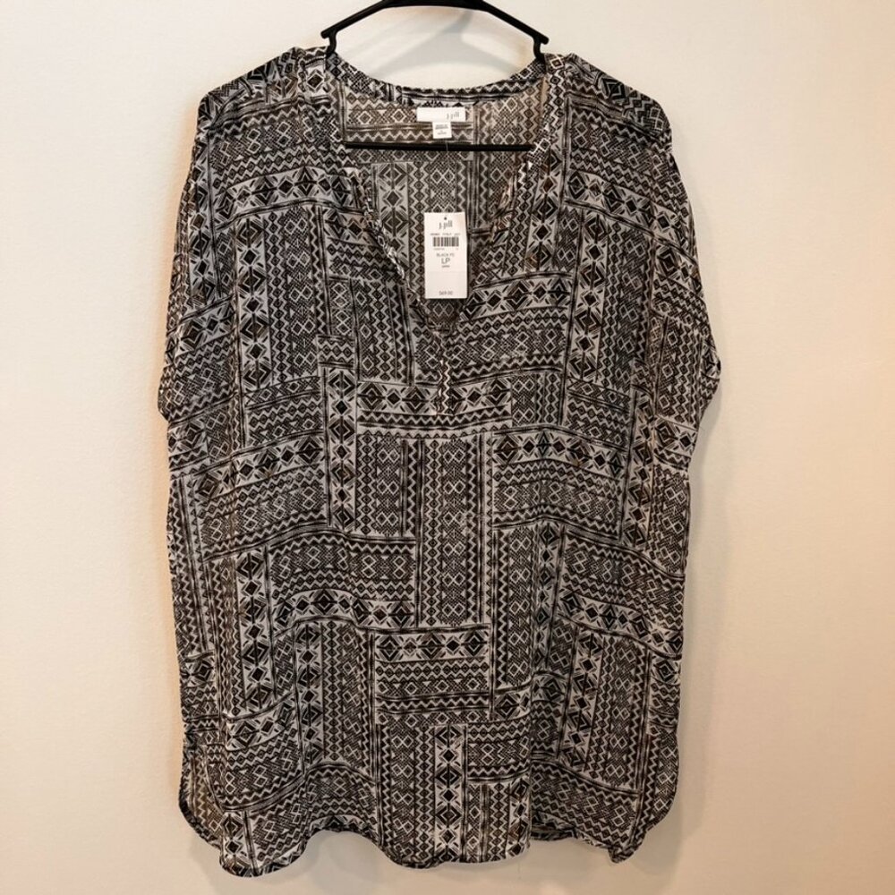 Women’s J.Jill Sheer Tunic Cover Up Aztec Geometric Black White Size LP NWT‎